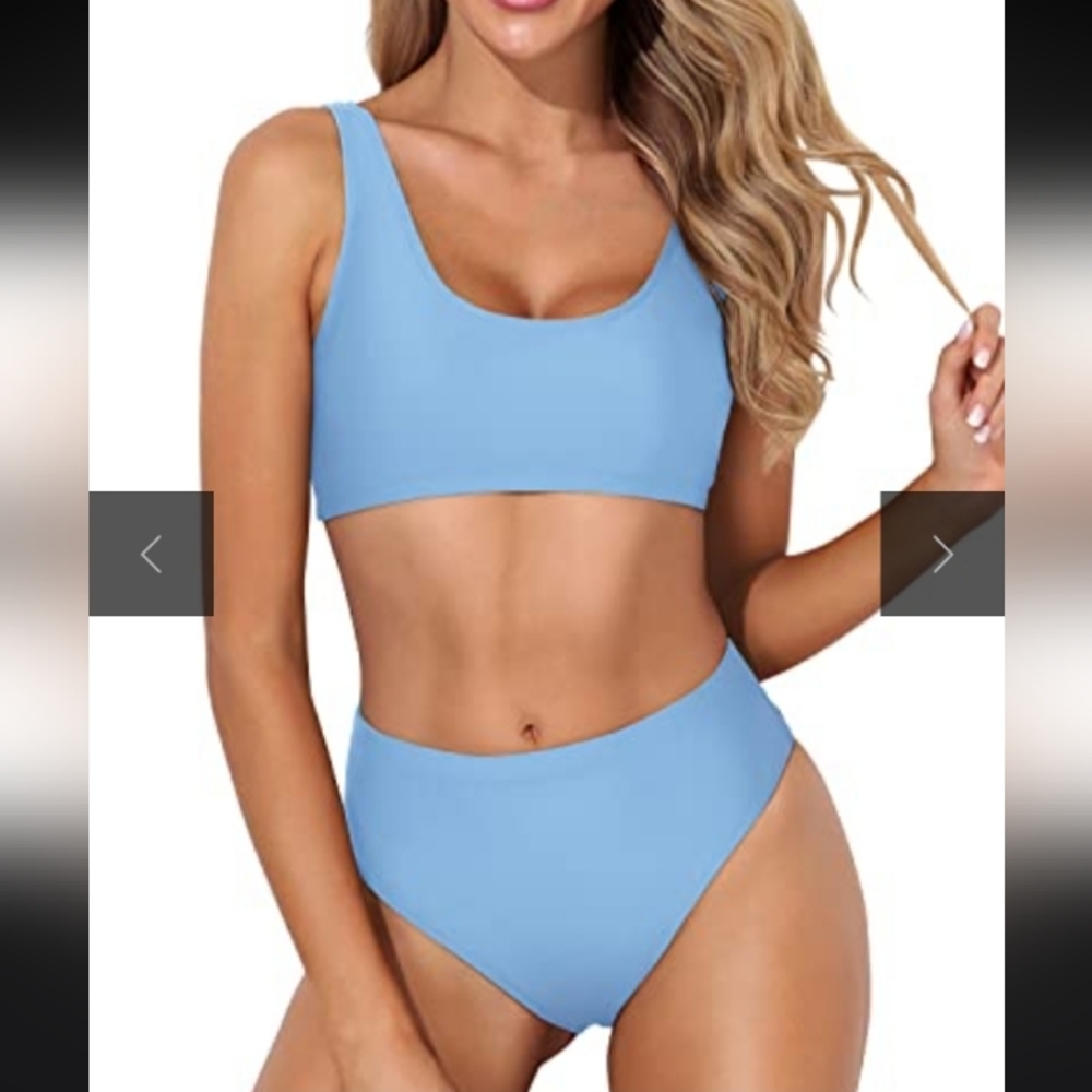 #52- Tempt Me Scoop Neck Sporty Bikini Swimwear Set in Light Blue, Small - Picture 2 of 11